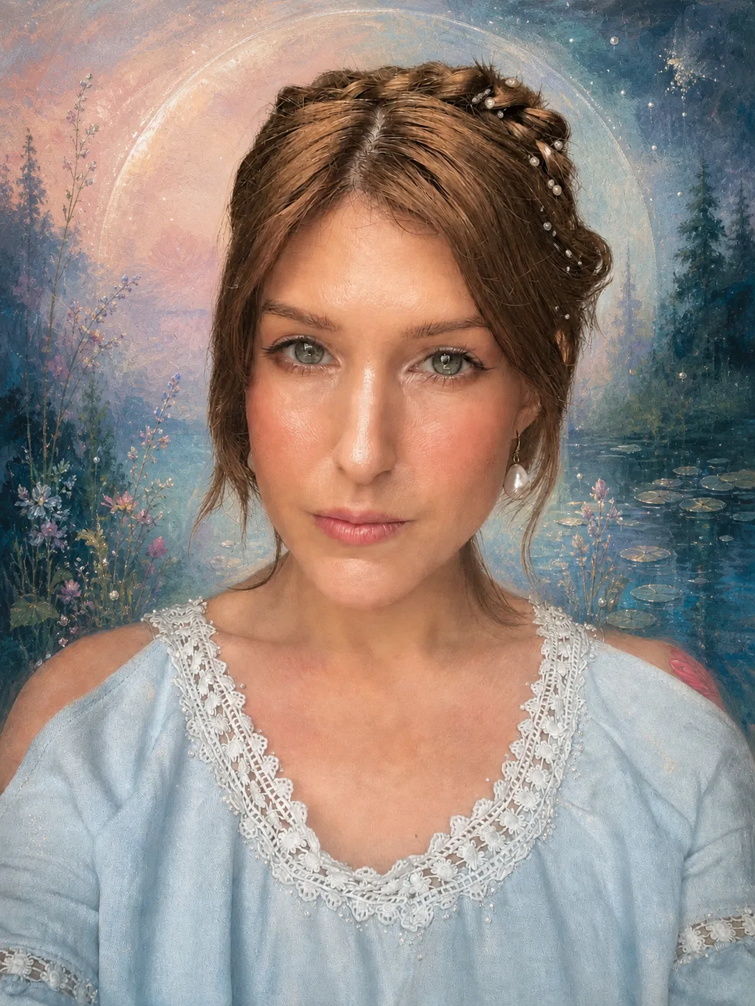 Artistic portrait of Luna Skye framed by a painted dawn-to-night landscape with wildflowers and moonlit water.