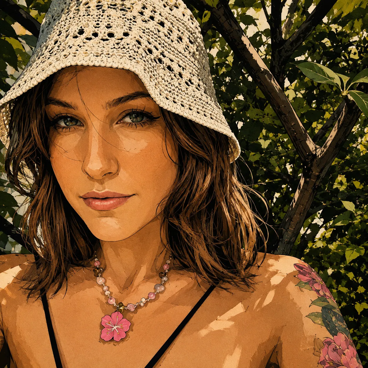 Portrait of Luna Skye outdoors beneath a woven hat.