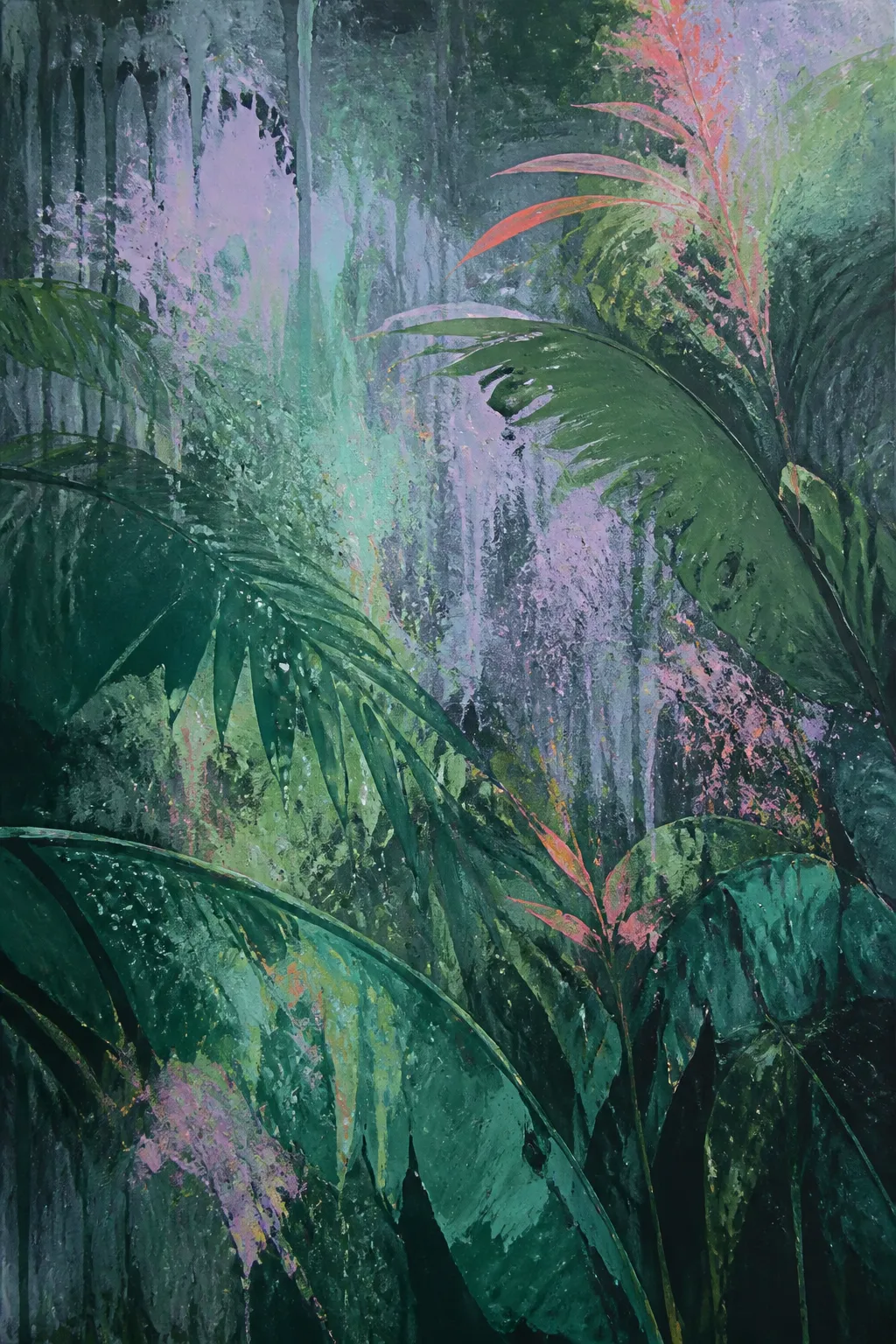 Demo artwork with expressive tropical foliage in deep green, teal, lilac and coral.