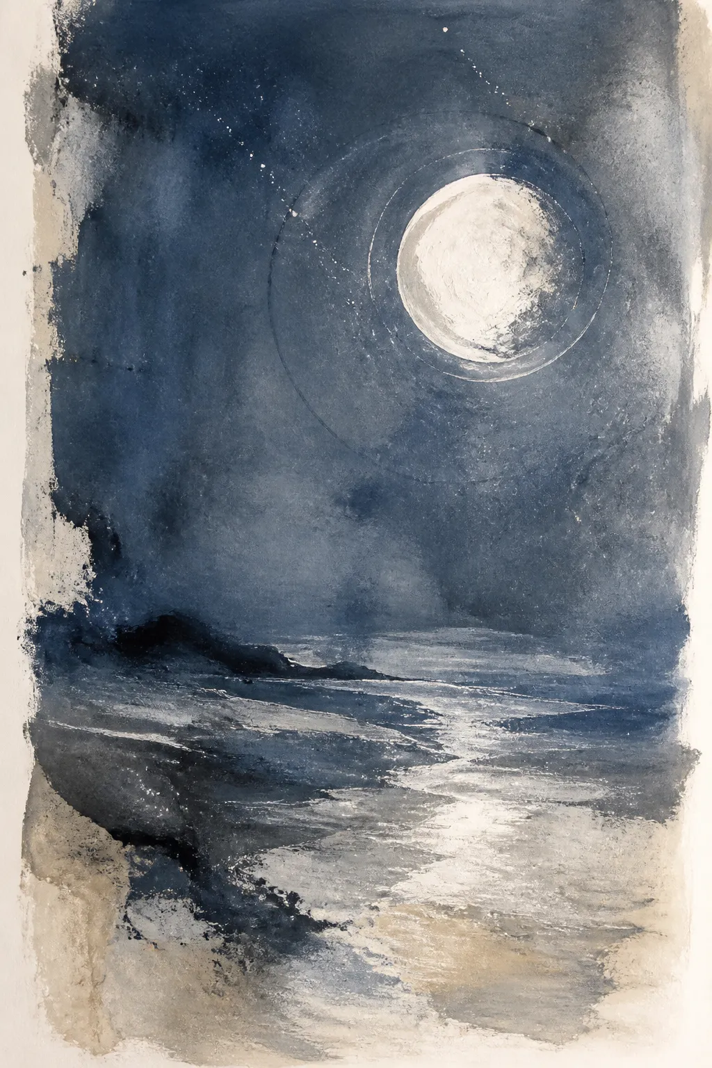 Demo artwork in indigo and pearl tones with a luminous moon above layered tidal gestures.