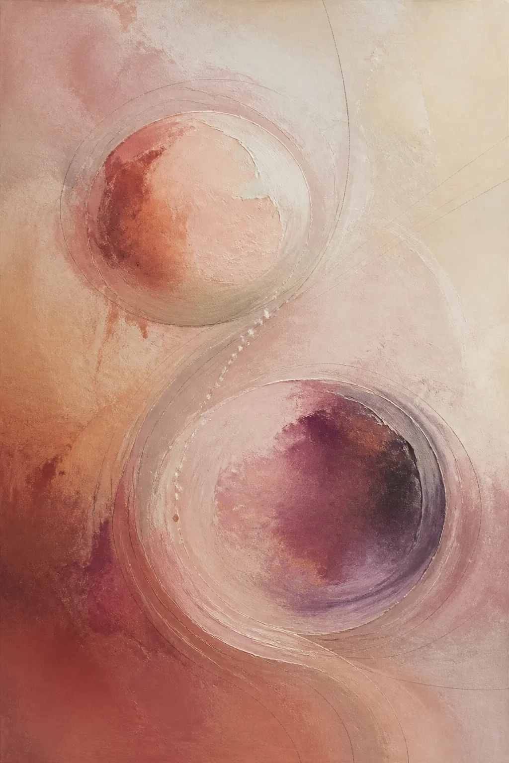 Demo artwork in clay, rose and plum tones with two rounded forms held in soft orbit.