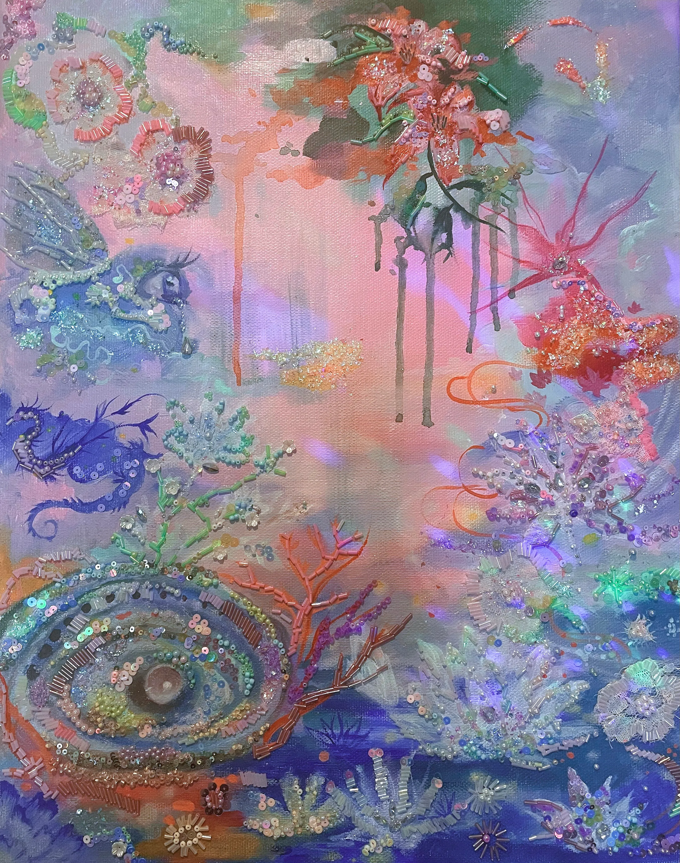 Pastel mixed-media scene where beaded sea creatures, coral forms, clouds, and imagined floating organisms meet.
